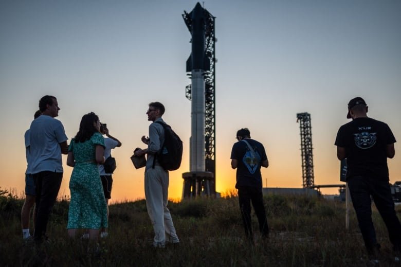 The SpaceX Starship as sits on a launch pad.