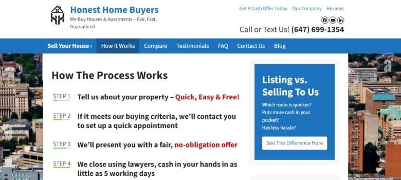 A screengrab from Honest Home Buyers website. Text on the screen explains in point form how their process works.