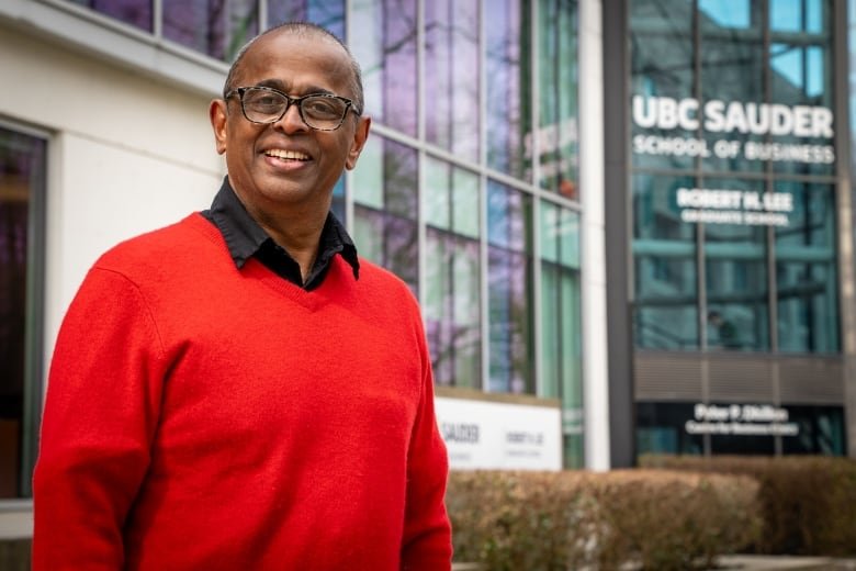 A South Asian man stands outside a building with colorful glass windows wearing glasses and a bright red sweater.