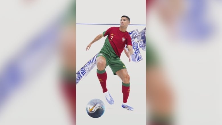 Cristiano Ronaldo is wearing a red and green Portugal jersey while chasing a soccer ball in the blue and white Nike soccer cleats.