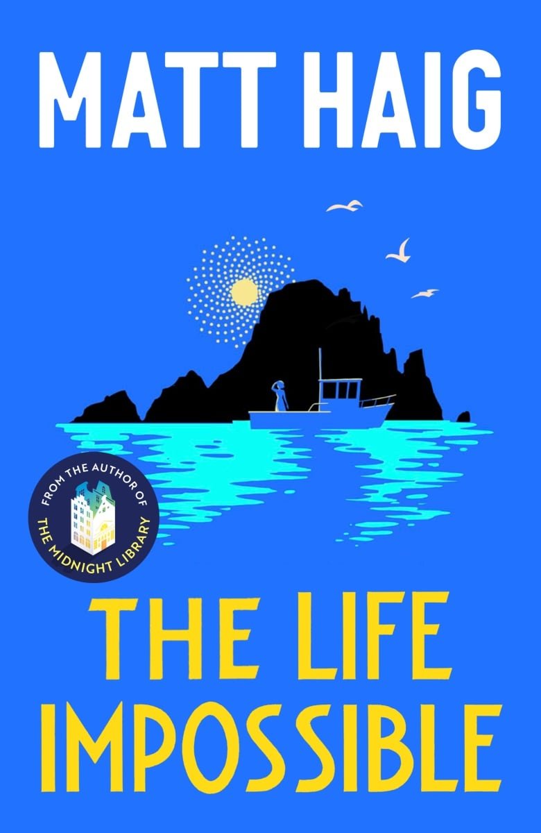 A blue book cover with a small boat on the water amid cliffsides.