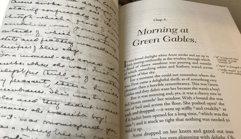 An open book shows old-fashioned handwriting filling a page on the left and printed type of the same passage on the right.