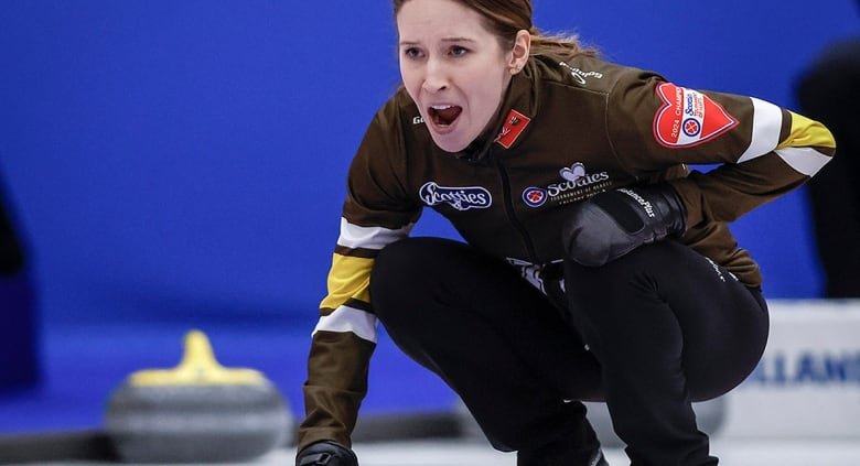 Winnipeg skip Kaitlyn Lawes encourages her teammates as they play Alberta in qualifications at the Scotties Tournament of Hearts in Calgary on Feb. 23, 2024.