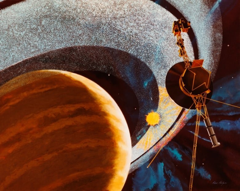 An illustration of a spacecraft in the foreground and Saturn filling the background.