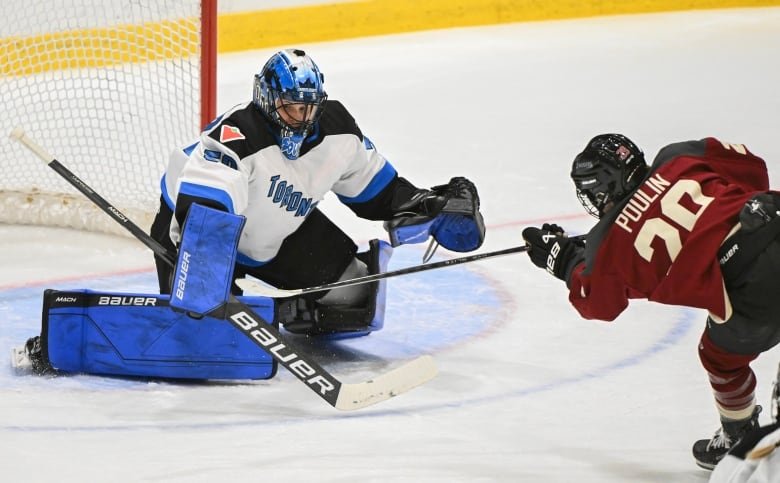 A goalie lunges to make a save.