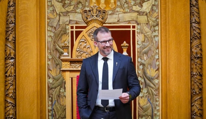 Todd Goudy, MLA for Melfort, speaks after being sworn in as the newly-elected Speaker of the Saskatchewan Legislative Assembly on Monday.