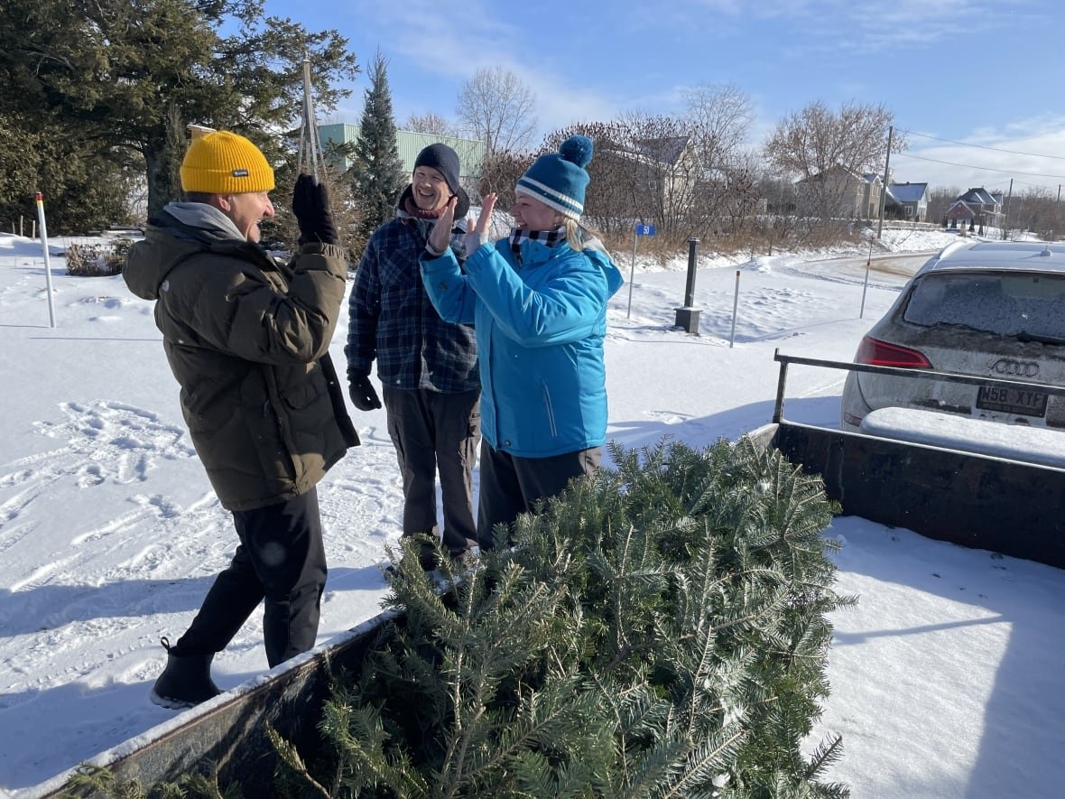 A man high fives a woman as another man looks on, with a trailer containing a Christmas tree in the foreground.