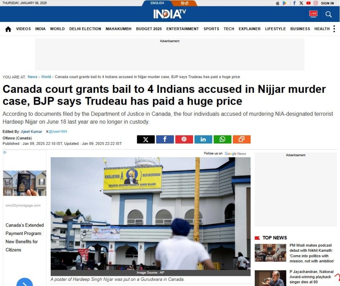 A story from an Indian media outlet falsely reporting the men accused of killing Sikh activist Hardeep Singh Nijjar have been released on bail. Several such stories appeared in Indian media on Thursday. The men have not been granted bail and remain in custody.