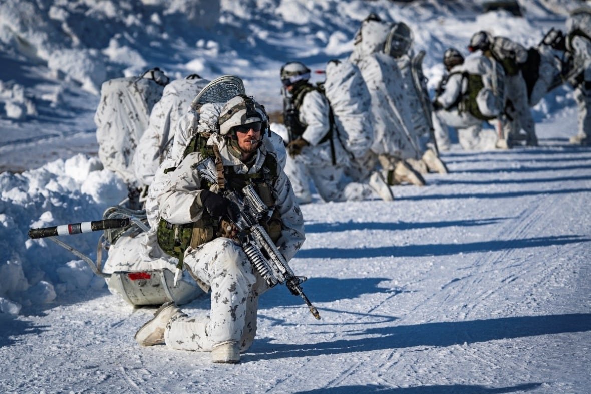 canadian-troops-arctic A line of soldiers, all wearing winter camoflage, crouch by the side of a snowy road. One, in the foreground, is carrying an assault rifle.