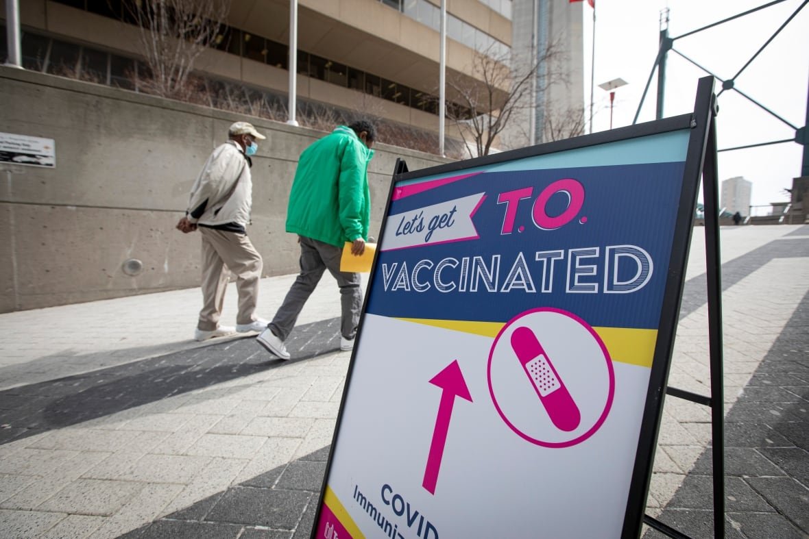 covid-19-toronto-city-run-mass-vaccination-site A sign reading "Let's get T.O. vaccinated" pictured on a city sidewalk