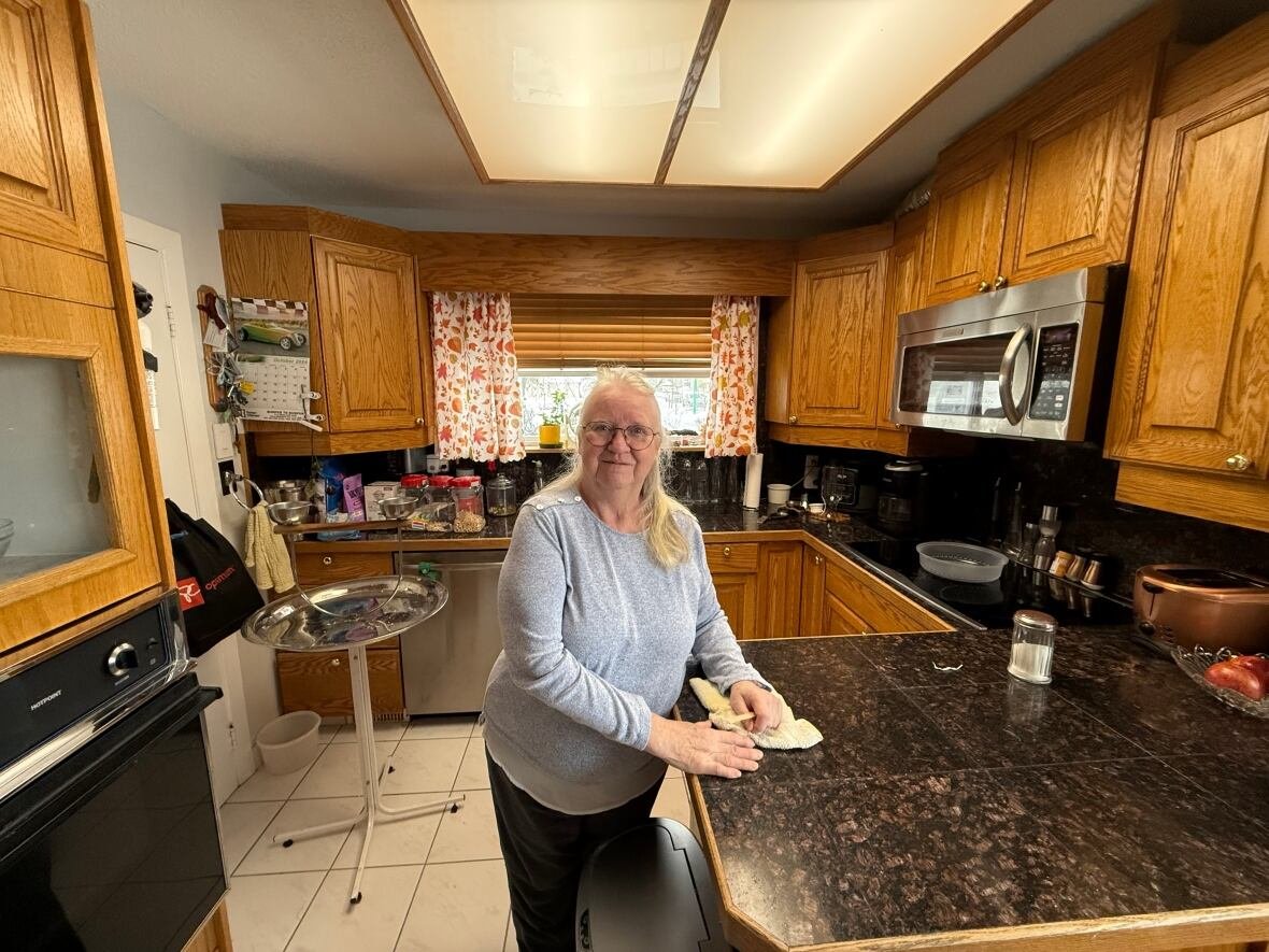 faith-embleton-2 A woman stands in a kitchen with a discloth.