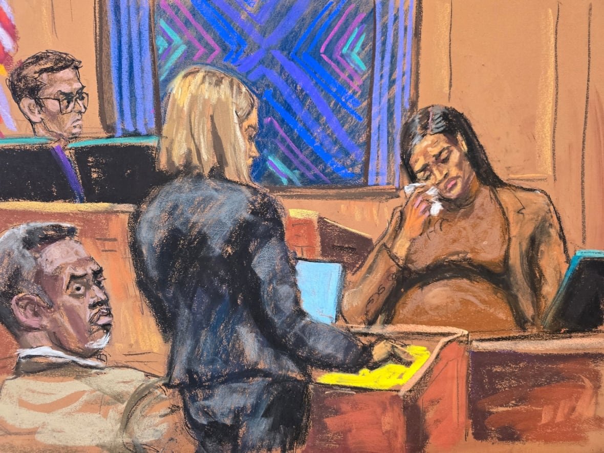 people-sean-combs A drawing shows a woman seated in a witness box, wiping her eyes with a tissue. A person in a suit is standing, facing her, and a judge sits at the left side. In the bottom left side, a man's face is visible, looking away from the witness.