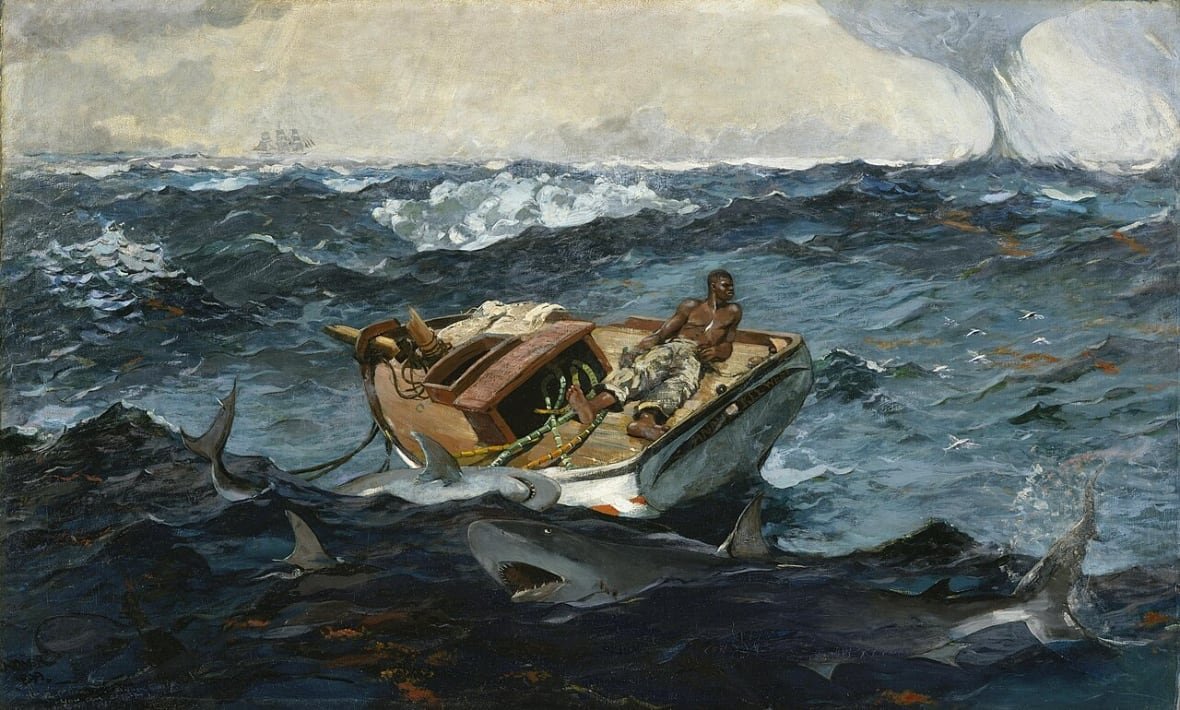 winslow-homer-s-1899-painting-the-gulf-stream A man in a small fishing boat struggling against stormy waves and a rough sea, presumably near the Gulf Stream, is lying back alone in the ocean.