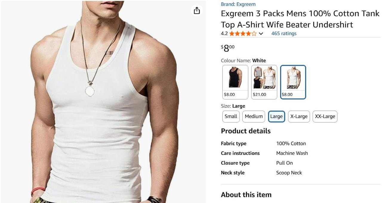 An Amazon ad displaying a men's tank top described as a 'wife beater'.