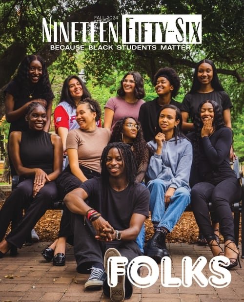 The front page of Nineteen Fifty-Six magazine featuring a group of smiling Black individuals with the caption "Because Black Students Matter" (1956magazine.ua.edu)