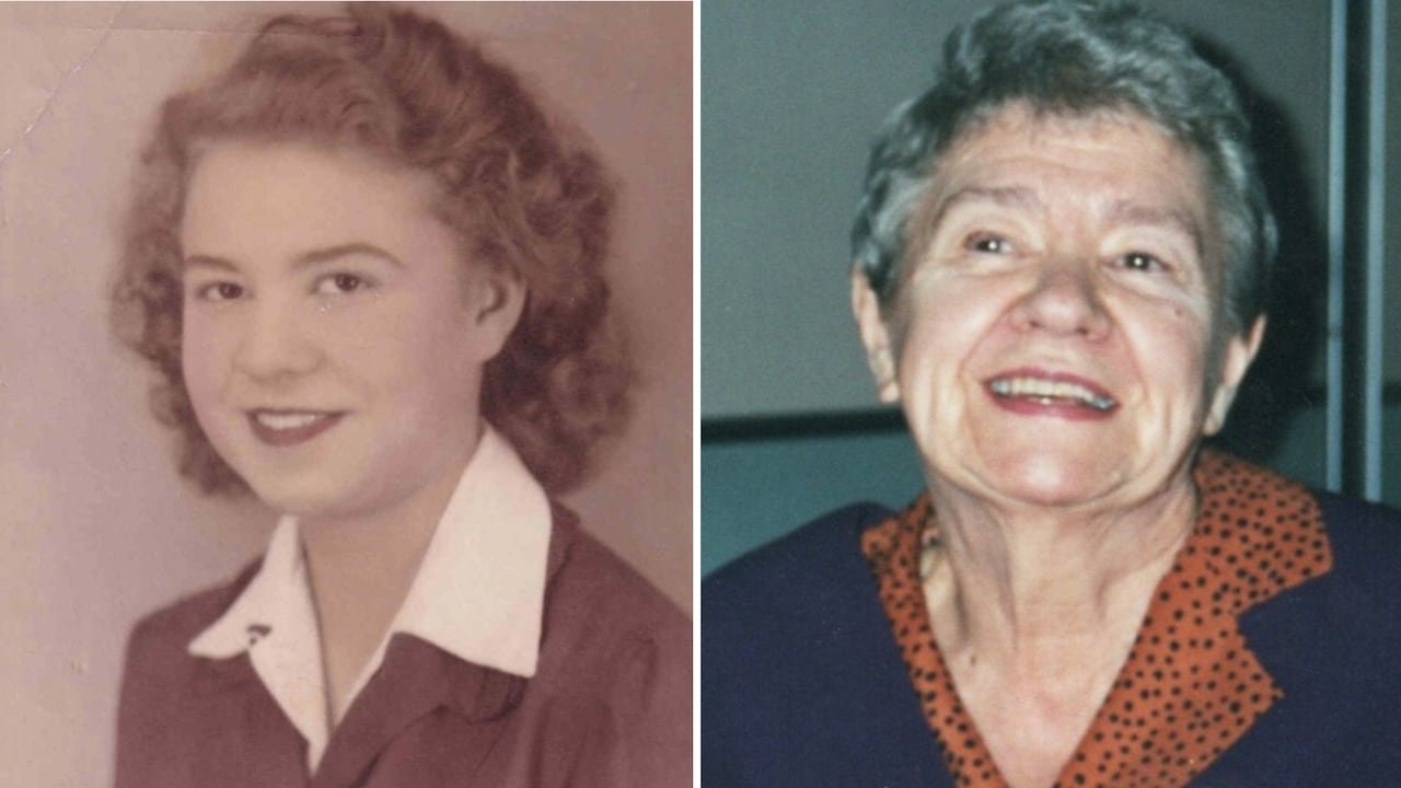 Side by side portraits. Left is a sepia-toned photo of a young woman, right is a colour photo of the same woman as a senior citizen.
