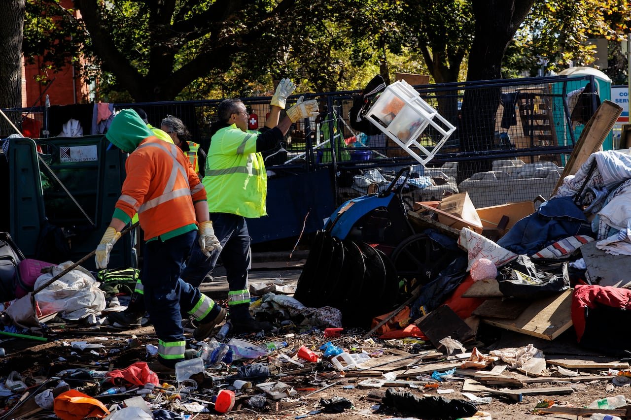 An encampment at St.Stephen-In-The-Fields Church, in Toronto’s Kensington Square neighbourhood, is cleared on Oct. 16, 2025.