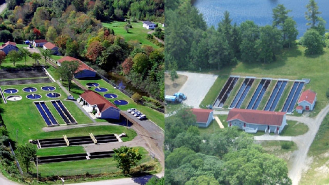 Two photos showing a small building with red roofs near various pools.