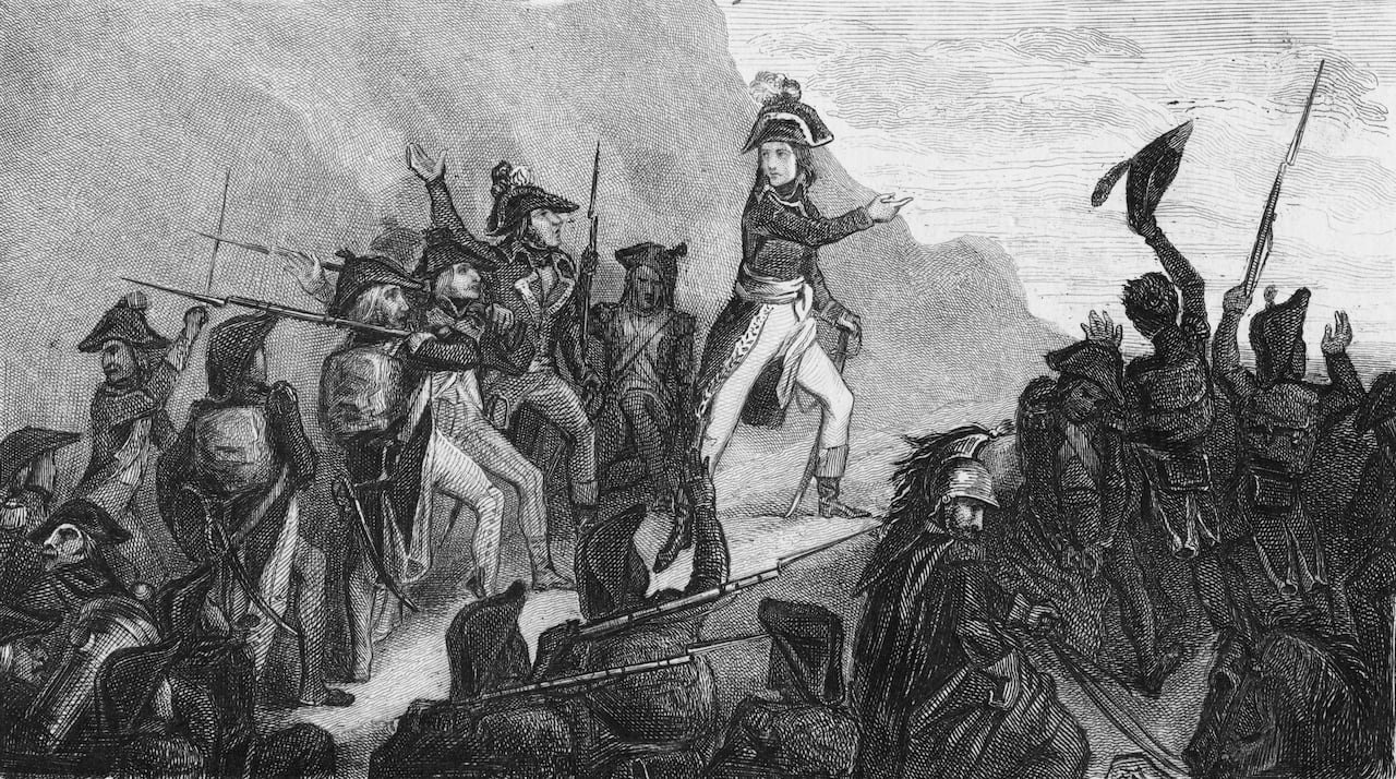 a depiction of Napoleon Bonaparte leading his army in Italy in 1796 during the Revolutionary Wars.