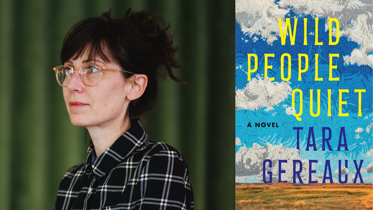 default-507 A headshot of a woman with her hair in a bun wearing glasses looking left. A book cover of a beaded sky over a Saskatchewan plain.