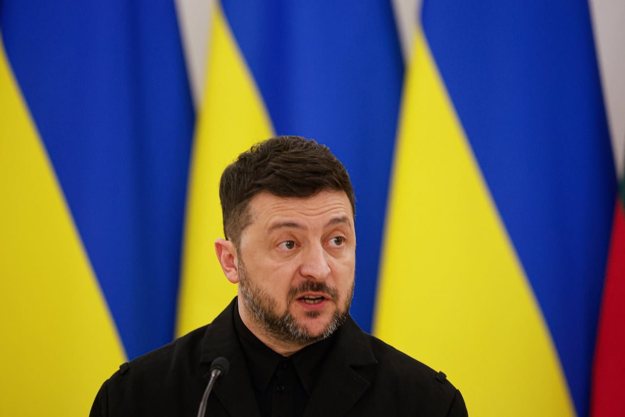 Ukraine's President Volodymyr Zelenskyy speaks during a press conference