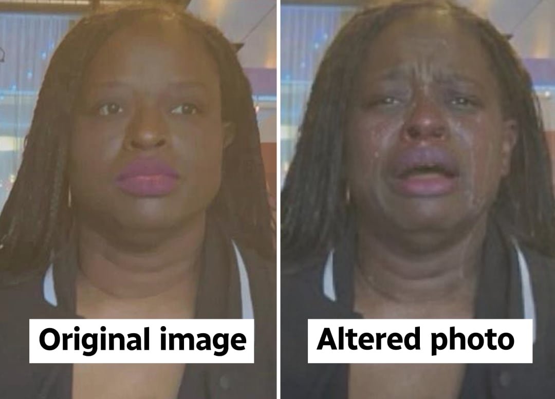 default-98 Composite photo showing a woman being arrested on the left, and an altered version of the same photo on the right