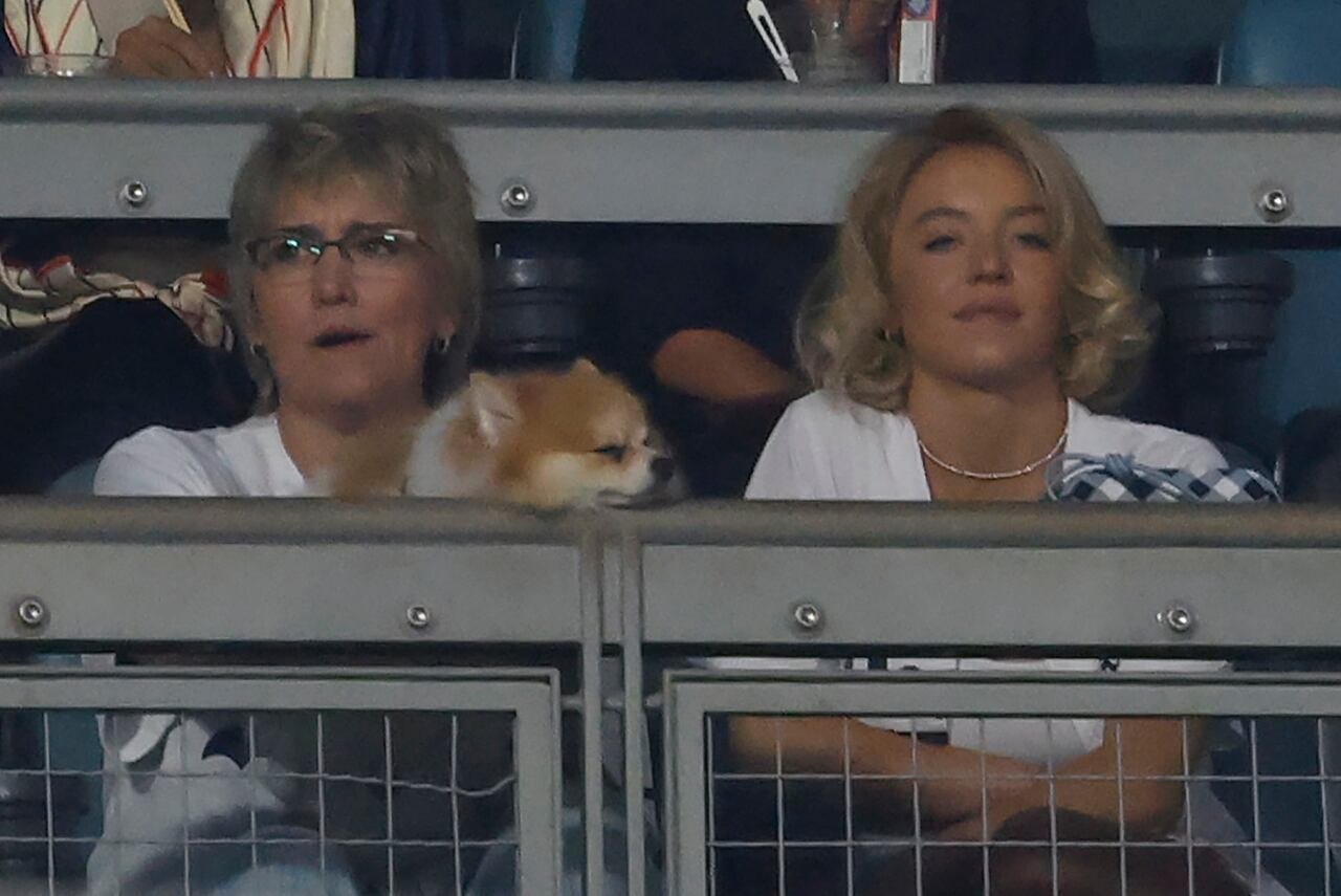 default-209 Three women sit side-by-side in the stands of a baseball stadium. The woman in the centre is holding a small dog.