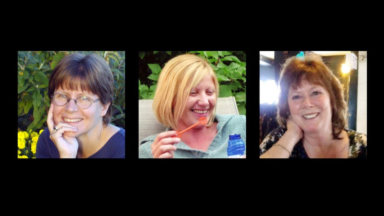 Portraits of three women on a dark background.
