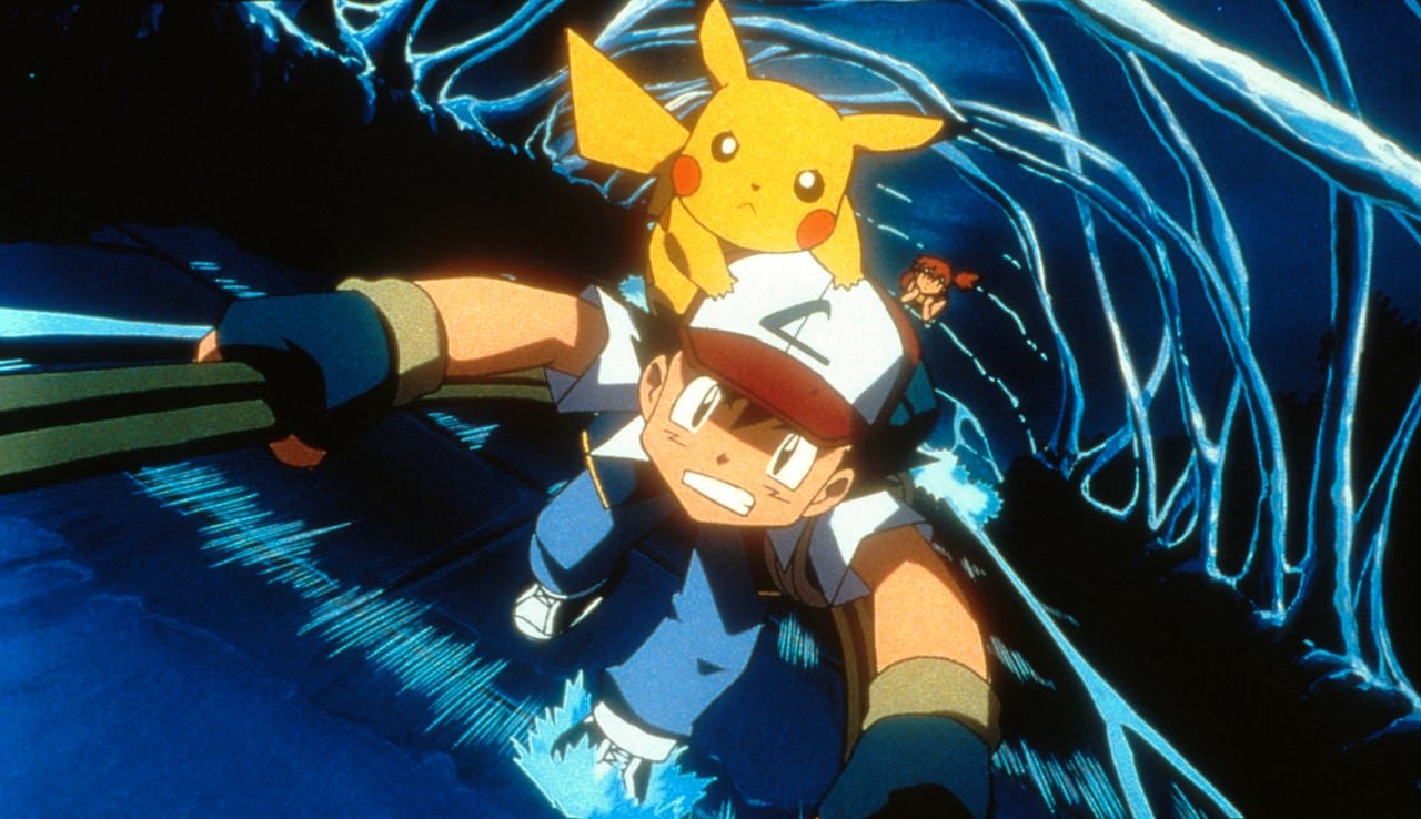 default-803 Ash, Pikachu and Misty in the animated adventure Pokemon3 in front of blue backdrop